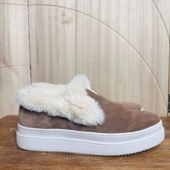J/SLIDES Neel Taupe Faux Fur Trim Suede Slip On Sneakers 8.5 J Slides Platform - Picture 3 of 6